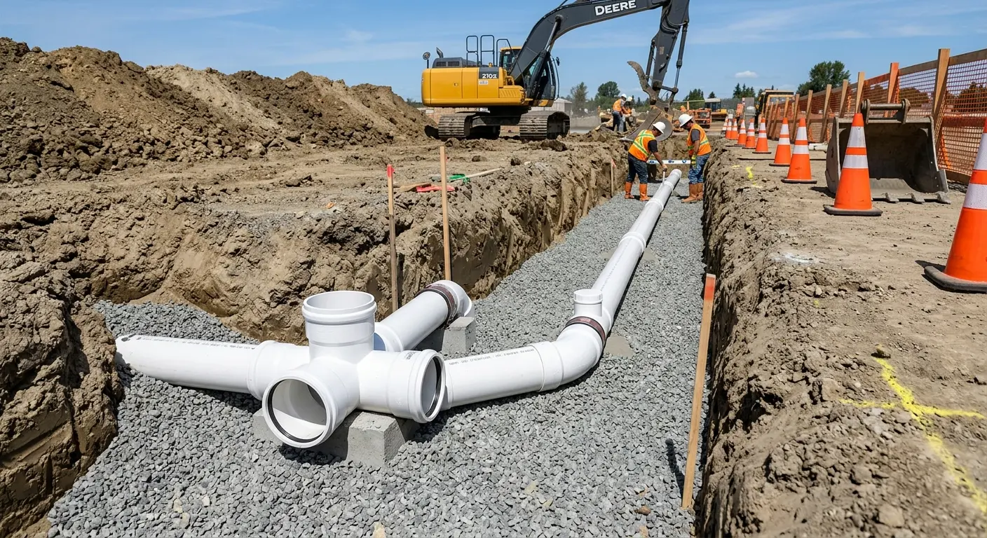 New PVC sewer pipe installation in open trench for Sewer Backup in Waite Park