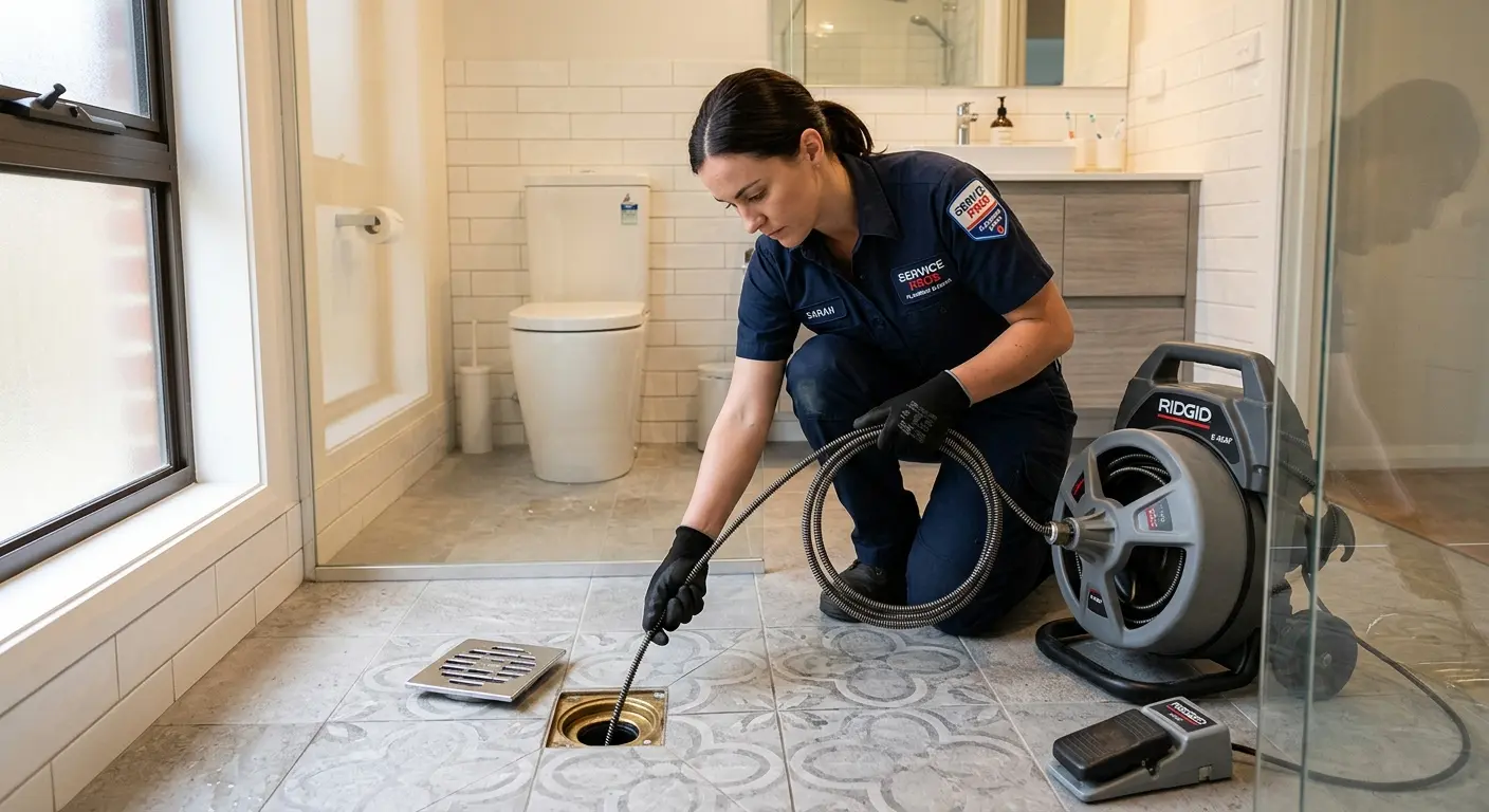 Technician clearing a bathroom floor drain for Clogged Drain Repair in Waite Park
